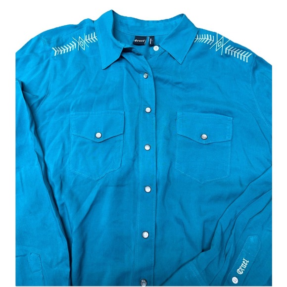 Cruel Girl Blue Aztec Pearl Snap Collared Long Sleeve Western Shirt Women's L - Picture 1 of 10